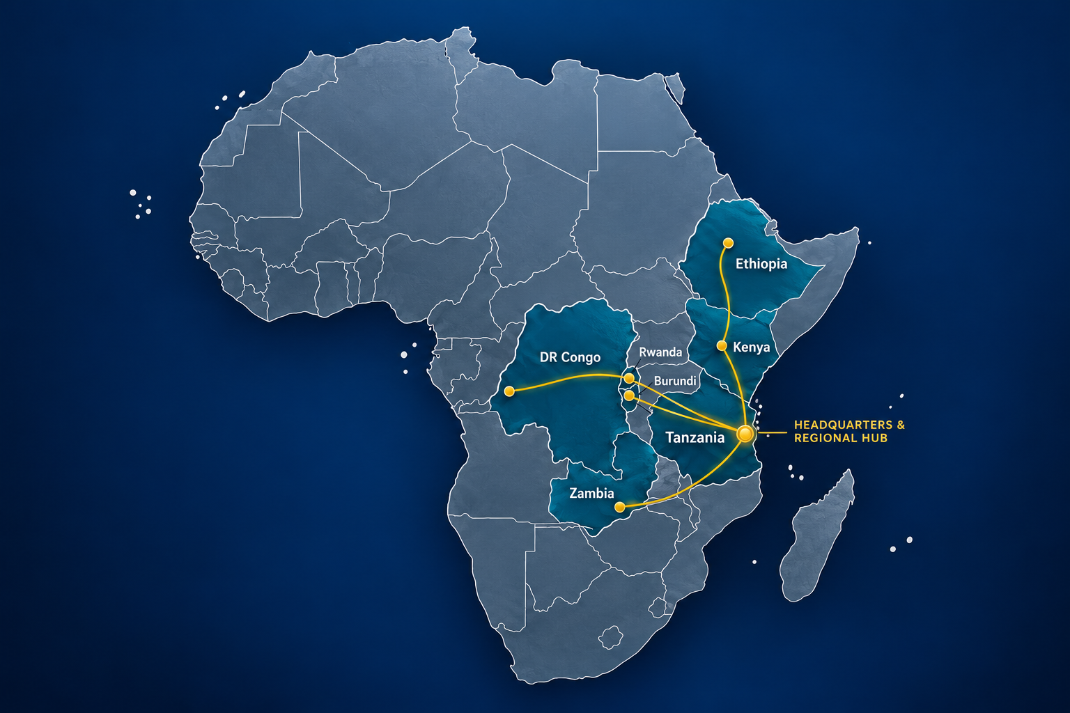 Map of Africa showing Tanzania as Mungonya's headquarters and regional hub, connected to Zambia, Burundi, Rwanda, DR Congo, Kenya and Ethiopia
